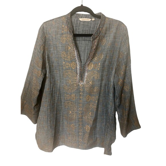 Soft Surroundings Katavi Tunic Top Grey Cotton Gauzy Gold Paisley Sequin Boho PL - Picture 1 of 10